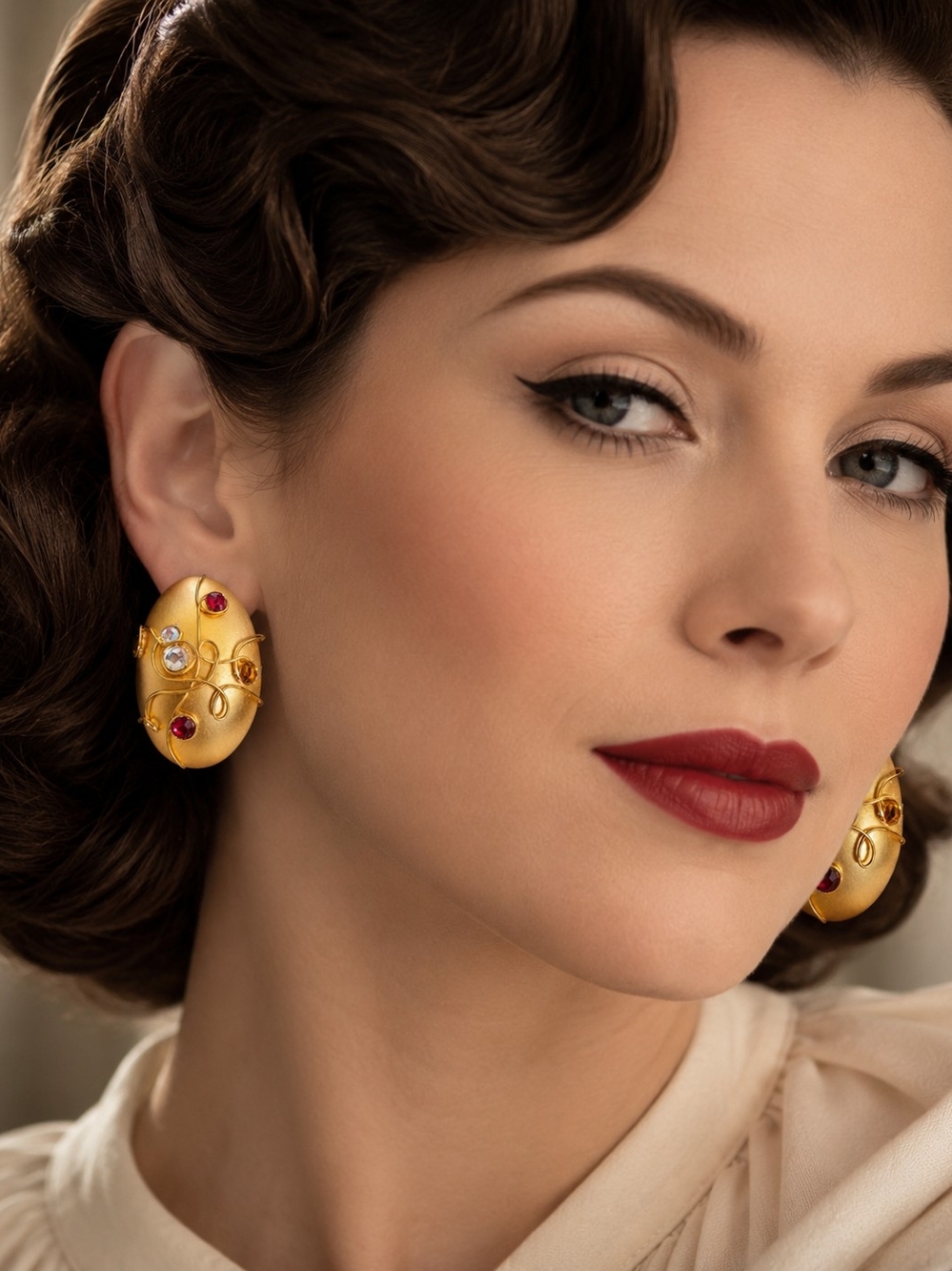 VINTAGE GOLD TONE GEMSTONE CLIP ON EARRINGS